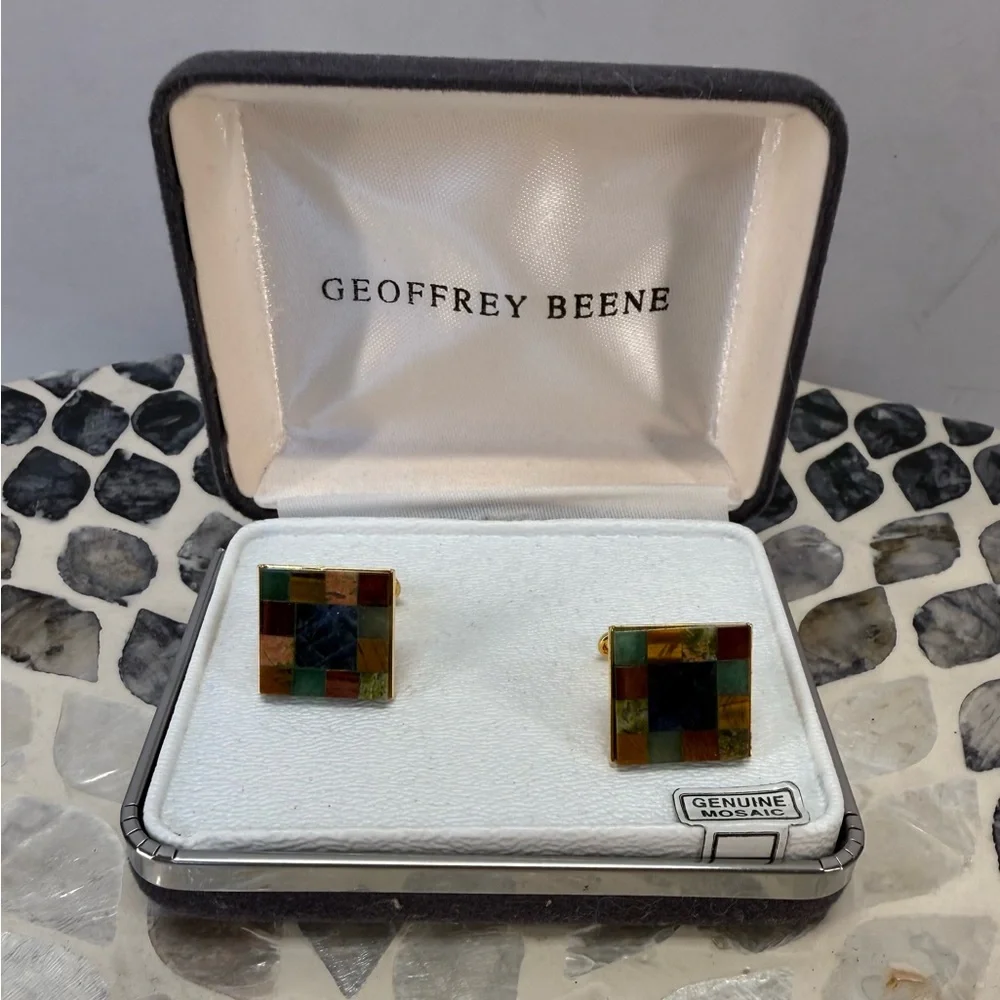 Vintage Geoffrey Beene Multicolor mosaic gemstone Cufflinks